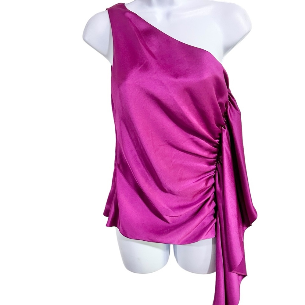 Trina Turk Powerful Fuchsia Satin One Shoulder Ruched Sleeveless Top